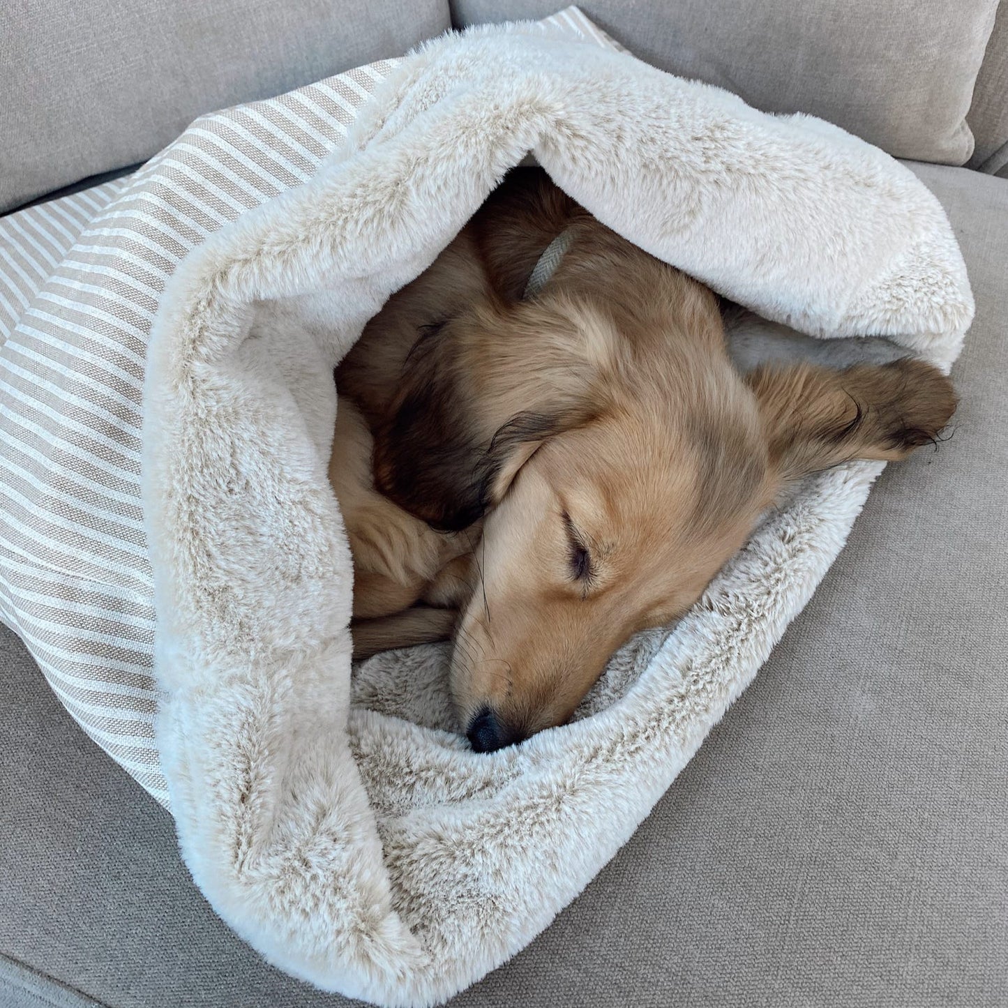 Neutral striped beige linen-look snuggle sack for dogs. This neutral snuggle den provides comfort and warmth to all dogs, cats, guinea pigs. Cave den for dachshunds and whippets.