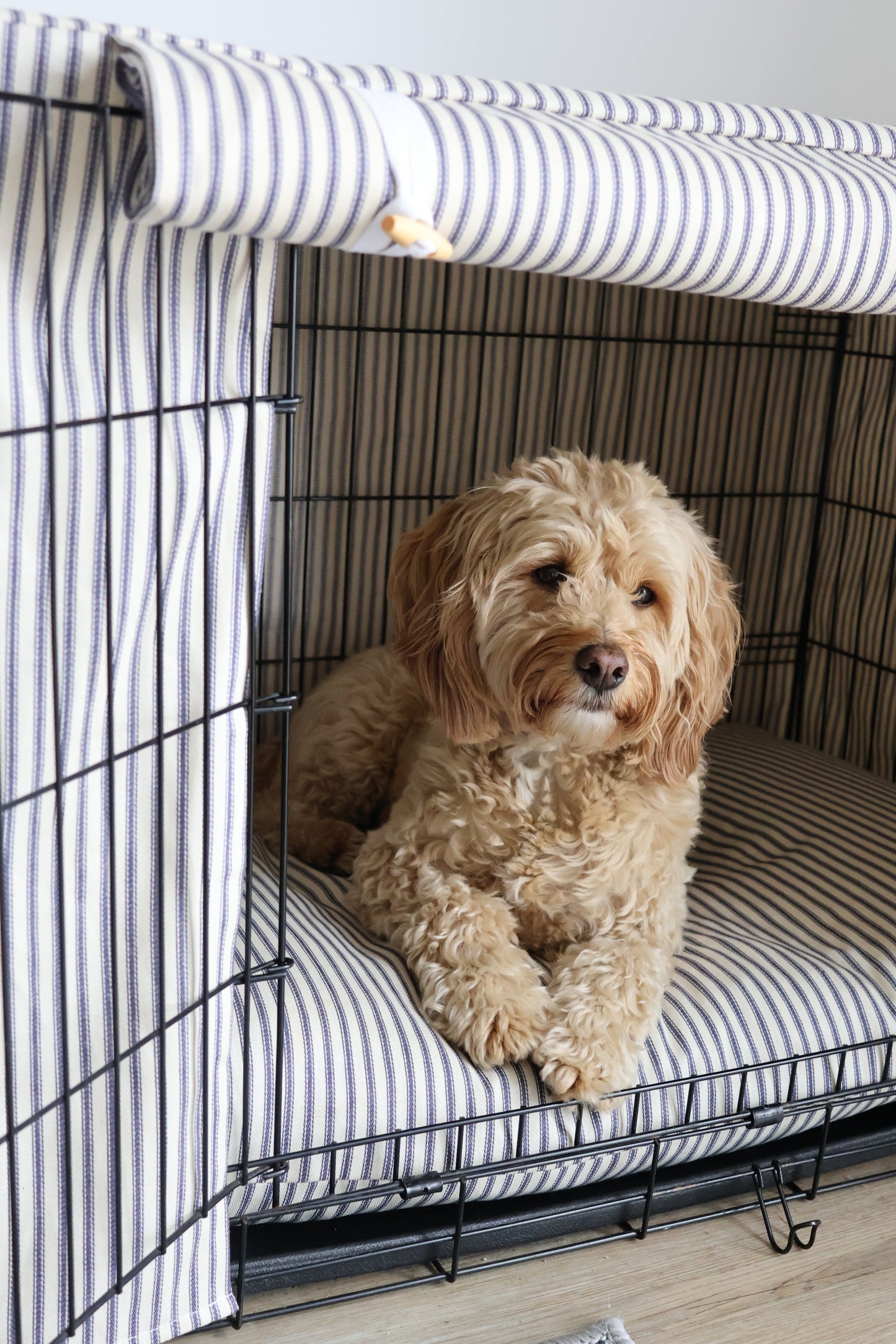 Dog crate set - Blue ticking stripe - crate cover, bumper and bed