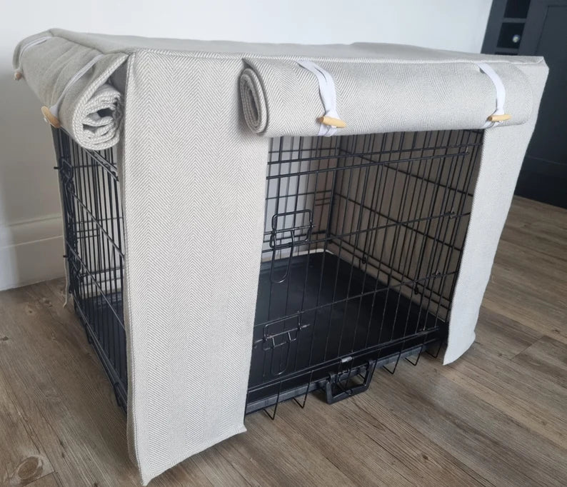 Stylish fabric dog crate cover. The custom kennel cover features a neutral-toned, aesthetic design with a herringbone pattern, offering a cosy and decorative touch to the pet's space.