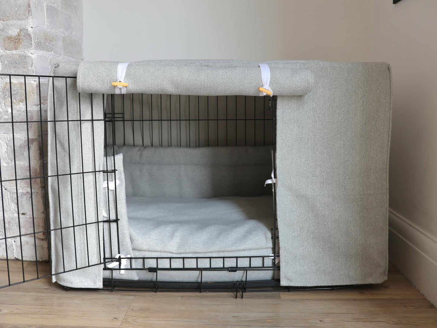 Dog crate set - Grey herringbone - crate cover, bumper and bed