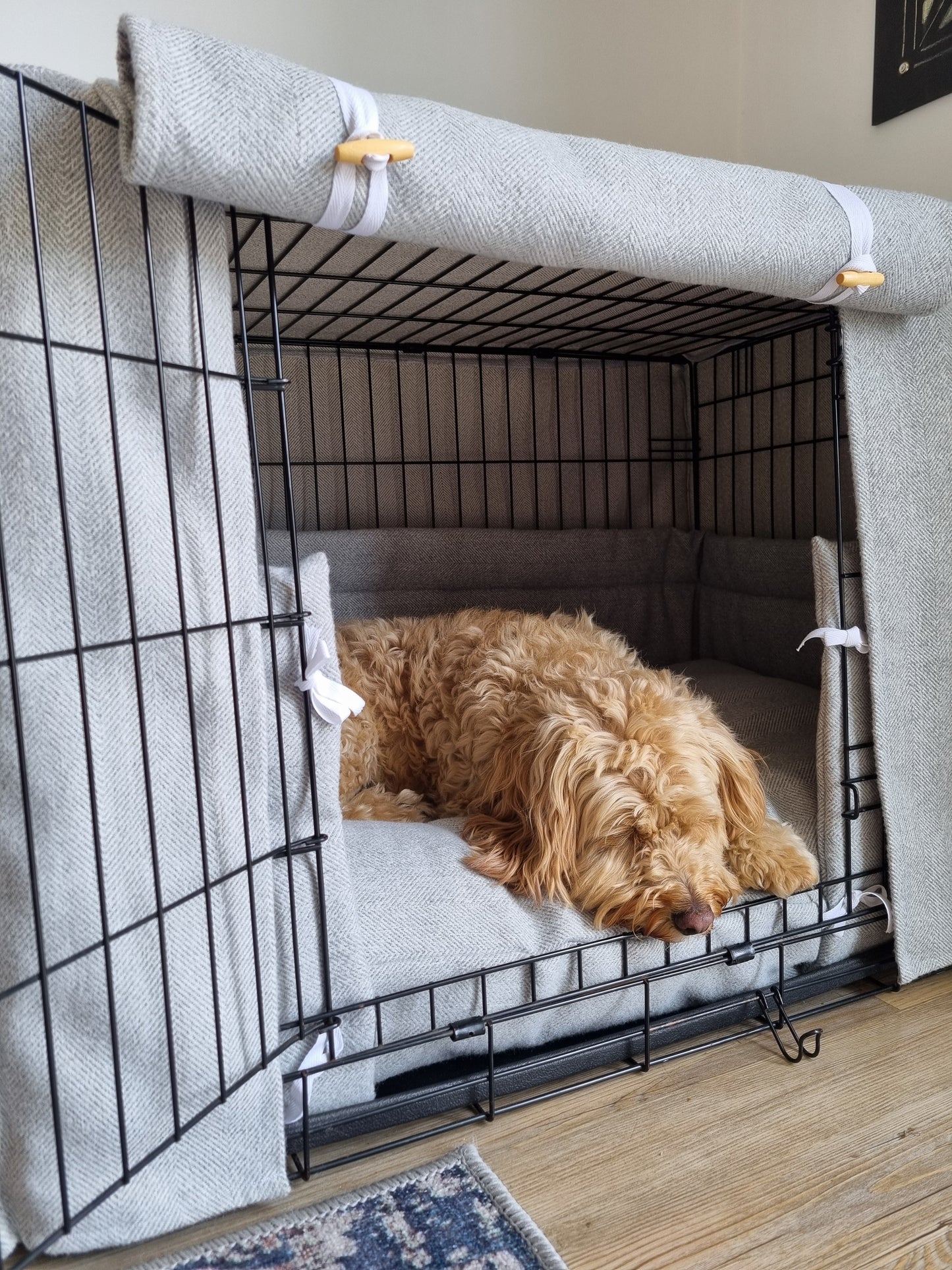 Dog crate set - Grey herringbone - crate cover, bumper and bed
