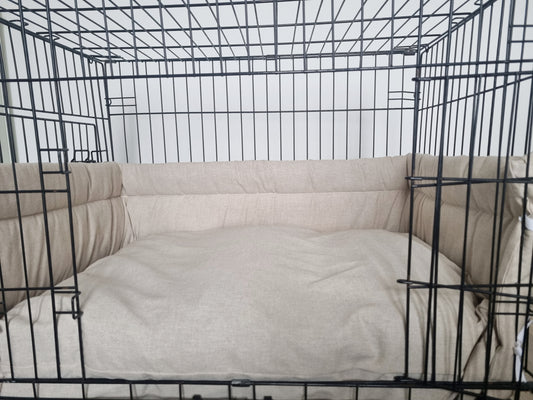 Dog crate bumper and bed - dog crate bedding. Neutral linen-look cotton  design crate bumper pads attaching to metal dog crate to support with puppy training and dog crate training. 