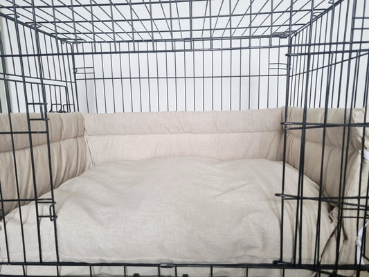 Dog crate bumper and bed - dog crate bedding. Neutral linen-look cotton dog crate bumper pads attaching to metal dog crate to support with puppy training and dog crate training.  Featuring custom dog crate mattress.