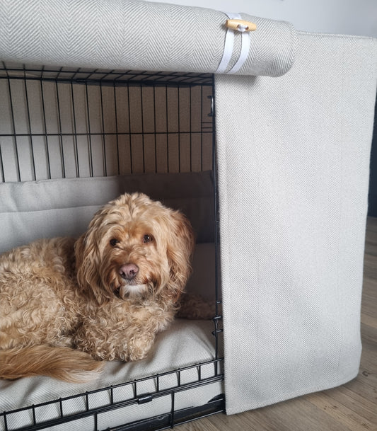 Dog crate set in neutral herringbone design. Featuring aesthetic dog crate bedding - cover, crate bumper and mattress. A perfect training aid for dog crate training. 