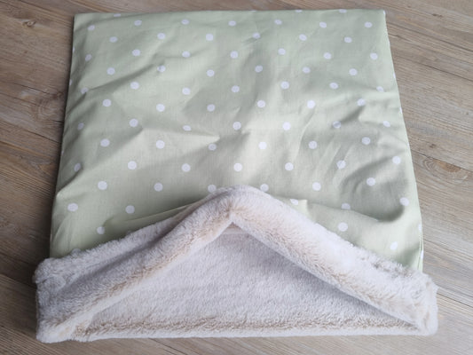 Sage cotton snuggle sack for dogs. This neutral snuggle den provides comfort and warmth to all dogs, cats, guinea pigs.