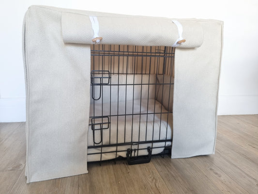 Dog crate set in cream herringbone design. Featuring aesthetic dog crate bedding - cover, crate bumper and mattress. A perfect training aid for dog crate training. 