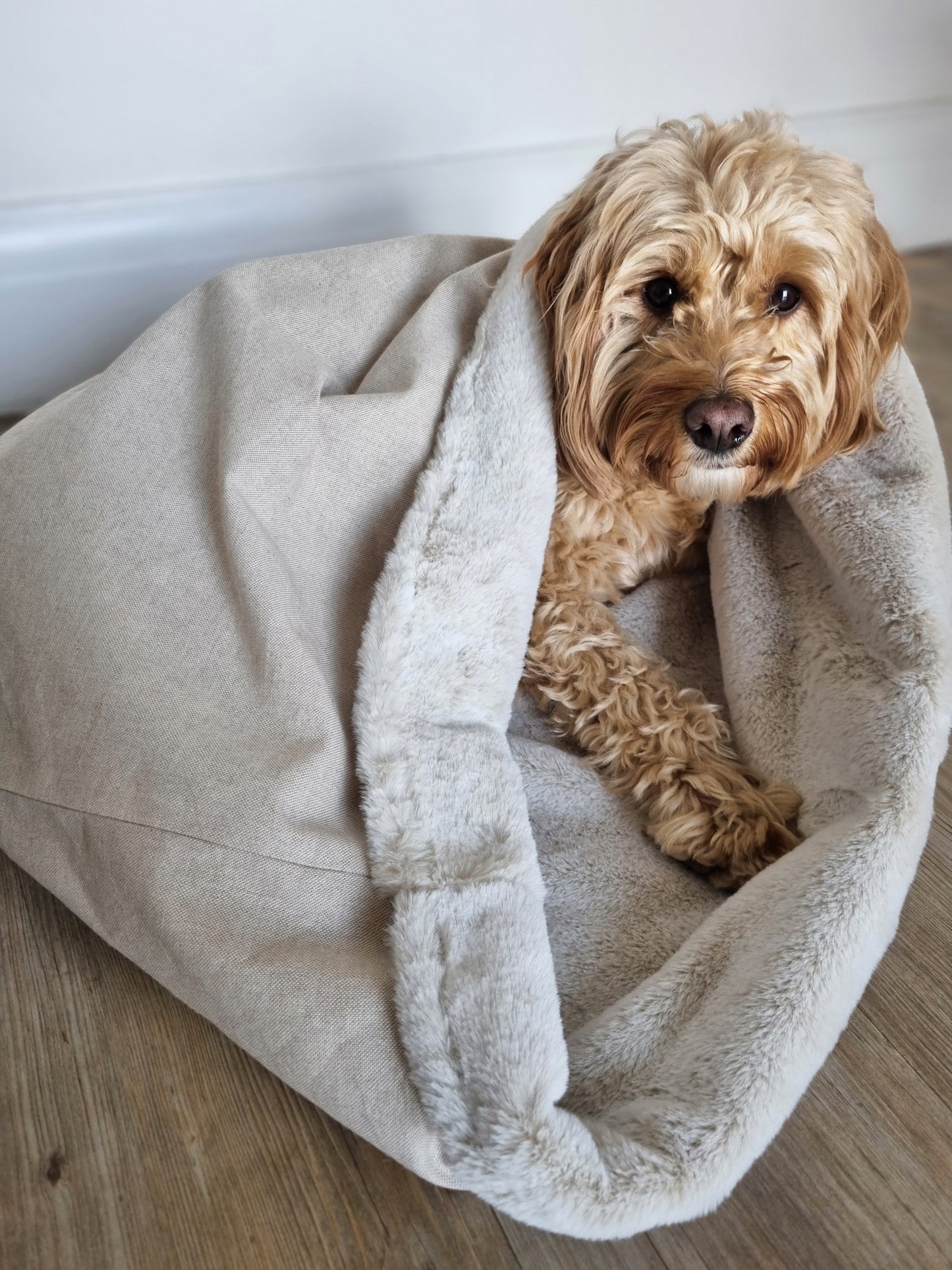 Neutral beige linen-look snuggle sack for dogs. This neutral snuggle den provides comfort and warmth to all dogs, cats, guinea pigs. Cave den for dachshunds and whippets.