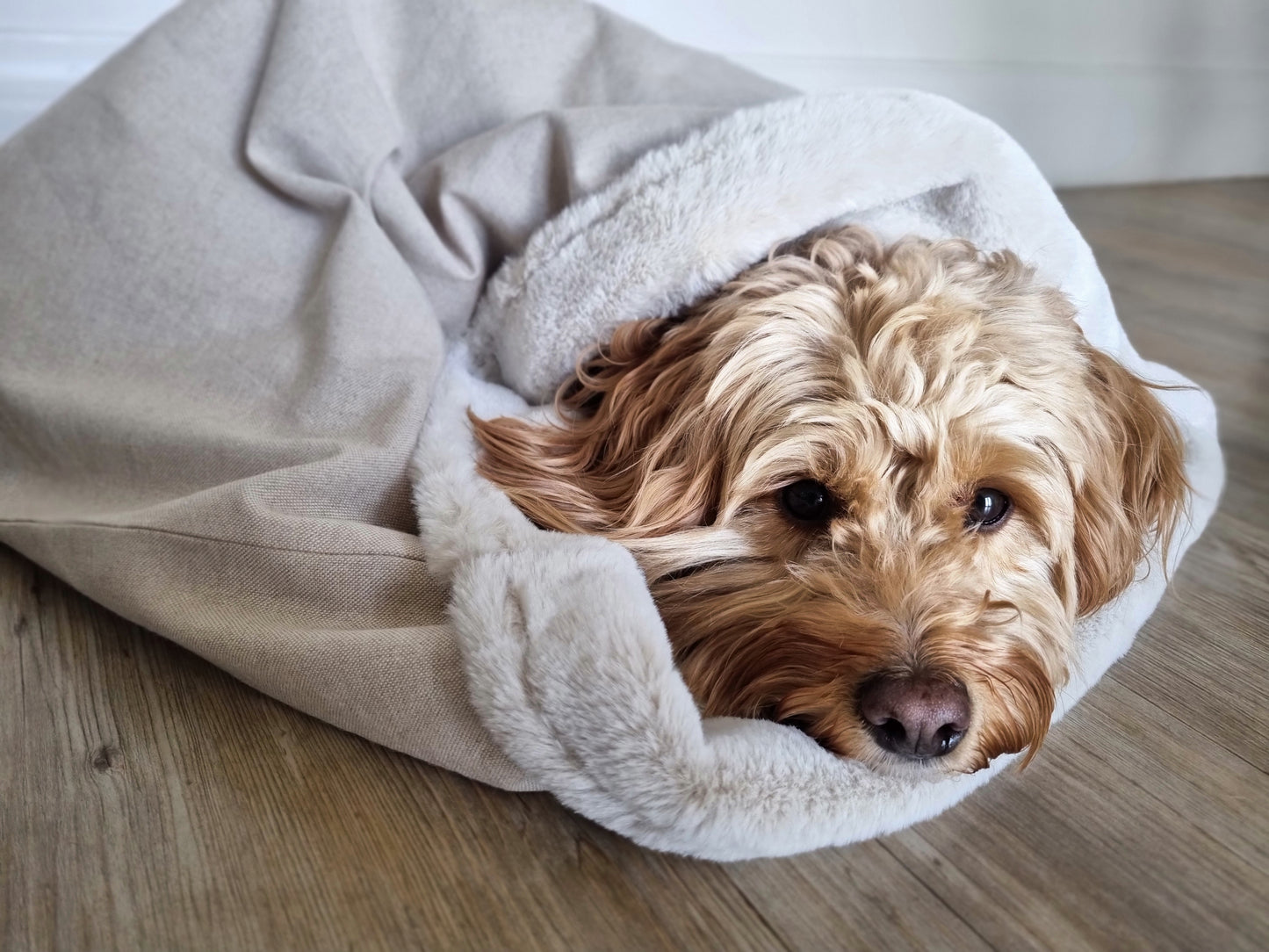 Neutral beige linen-look snuggle sack for dogs. This neutral snuggle den provides comfort and warmth to all dogs, cats, guinea pigs. Cave den for dachshunds and whippets.