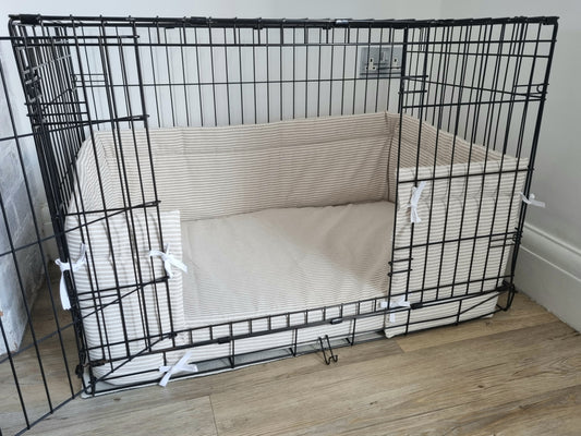 Dog crate bed and bumper set - White stripes design