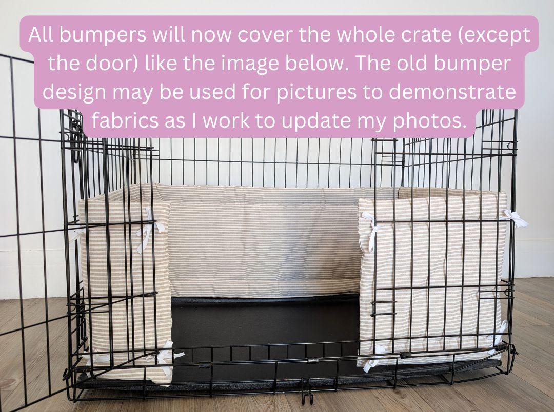 Dog crate bumper and bed - dog crate bedding. White striped neutral crate bumper pads attaching to metal dog crate to support with puppy training and dog crate training. 