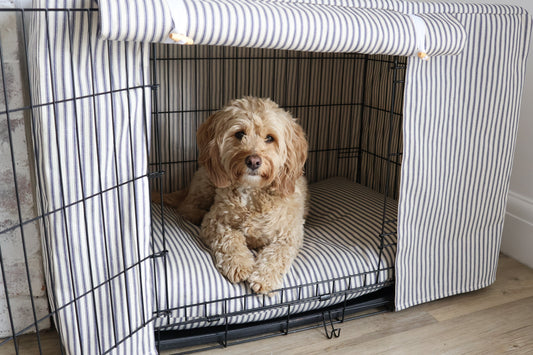 Dog crate set - Blue ticking stripe  - crate cover, bumper and bed