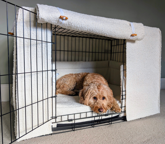 Dog crate set - Off-white bouclé - crate cover, bumper and bed
