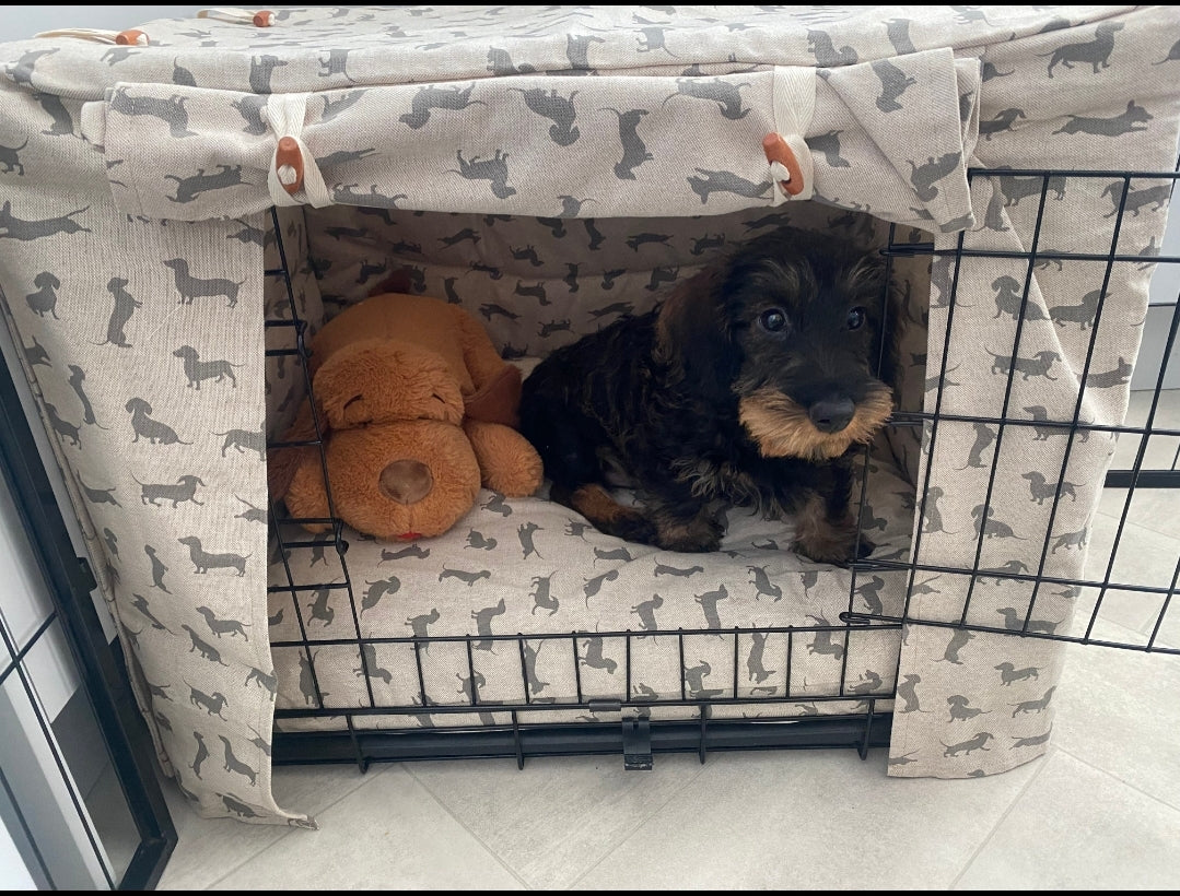 "A black wire dog crate covered with a custom fabric dog crate cover. An aesthetic kennel cover for dachshunds in a neutral dachshund design. 