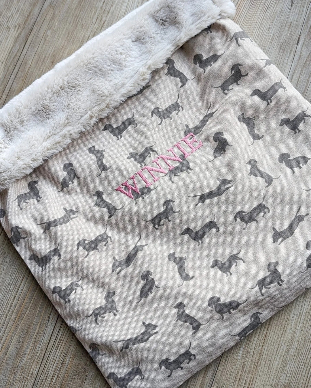 Personalised dachshund print snuggle sack for dogs. This neutral snuggle den provides comfort and warmth to all dogs, cats, guinea pigs. Cave den for dachshunds.