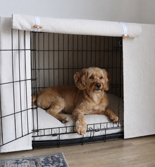 Dog crate set - Natural stripe  - crate cover, bumper and bed