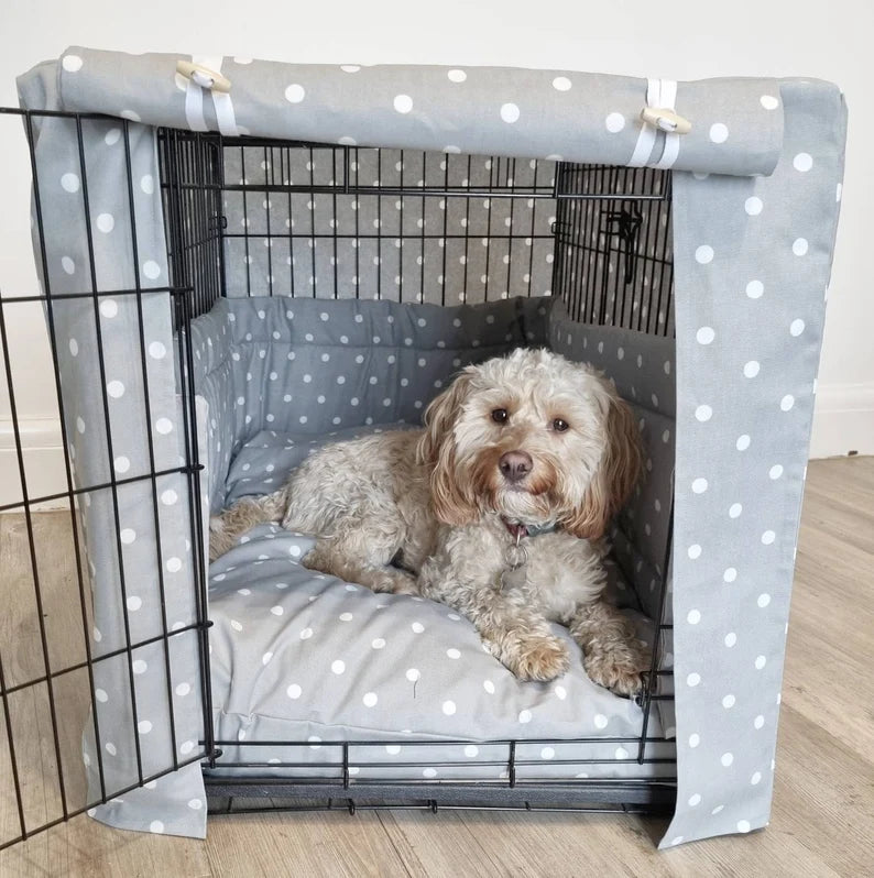 Dog crate set - crate cover, bumper and bed - dog crate bedding. Grey spotty cotton dog crate cover and bumper pads attaching to metal dog crate to support with puppy training and dog crate training.  Featuring custom dog crate mattress.