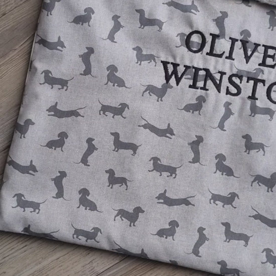 Personalised dachshund print snuggle sack for dogs. This neutral snuggle den provides comfort and warmth to all dogs, cats, guinea pigs. Cave den for dachshunds.