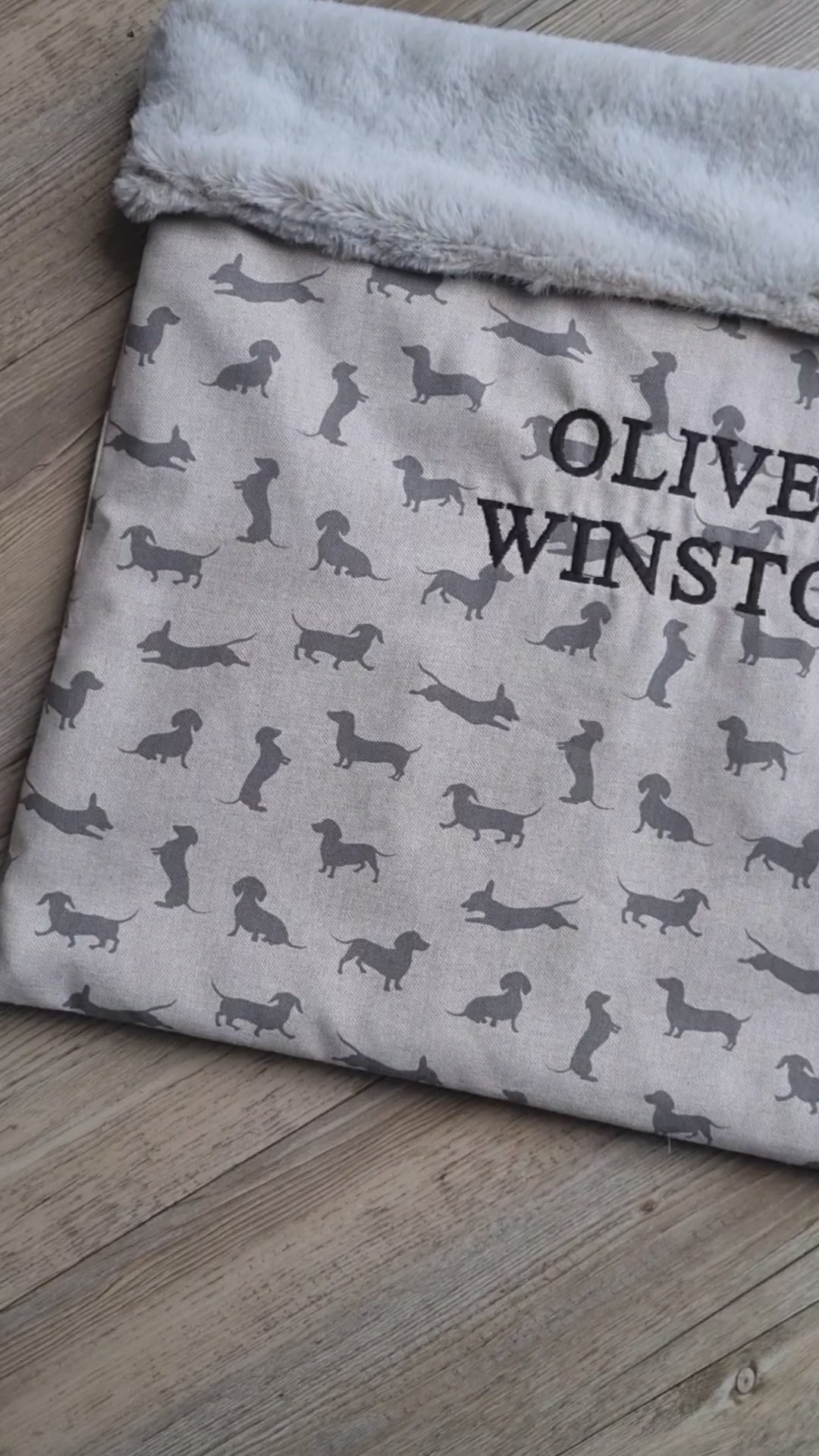 Personalised dachshund print snuggle sack for dogs. This neutral snuggle den provides comfort and warmth to all dogs, cats, guinea pigs. Cave den for dachshunds.