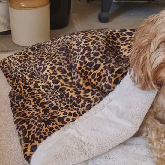 Leopard print snuggle sack for dogs. This animal print snuggle den provides comfort and warmth to all dogs, cats, guinea pigs.