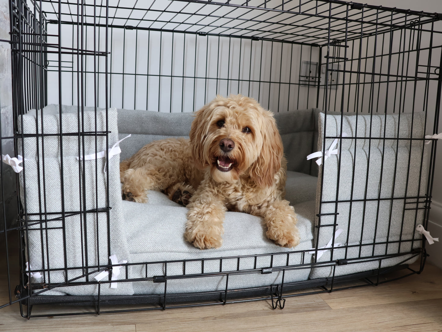 Dog crate bed and bumper set - Grey herringbone