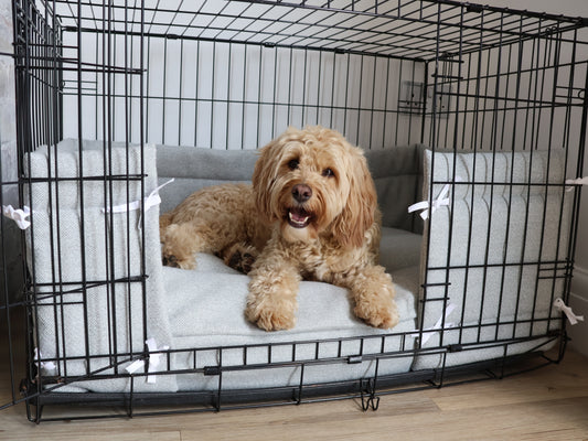 Dog crate bed and bumper set - Grey herringbone