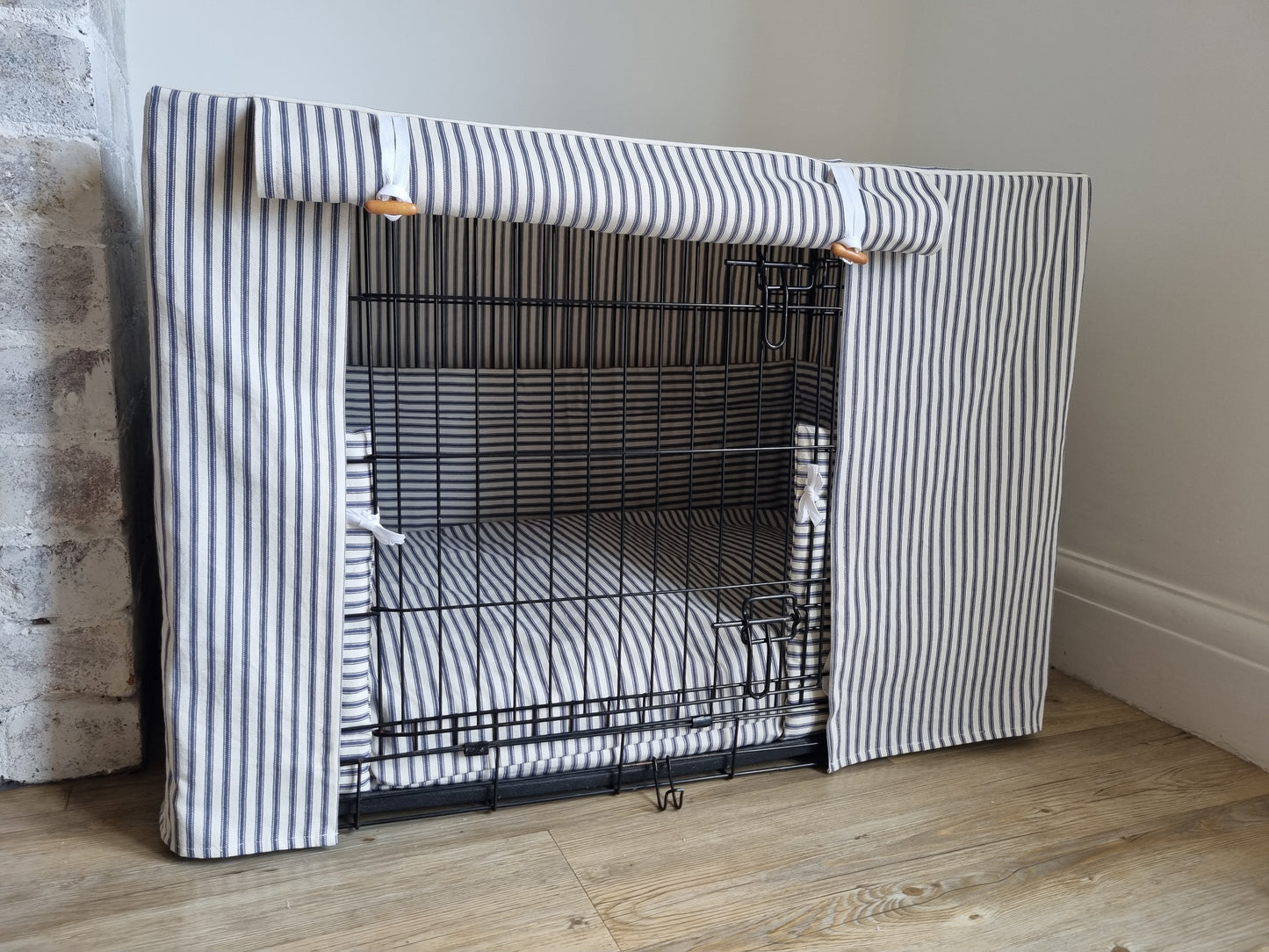 Dog crate set - Blue ticking stripe  - crate cover, bumper and bed