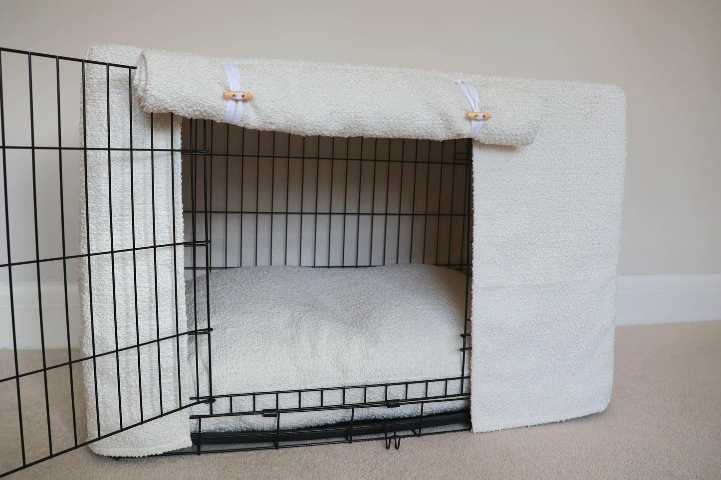 Dog crate set - Off-white bouclé - crate cover, bumper and bed