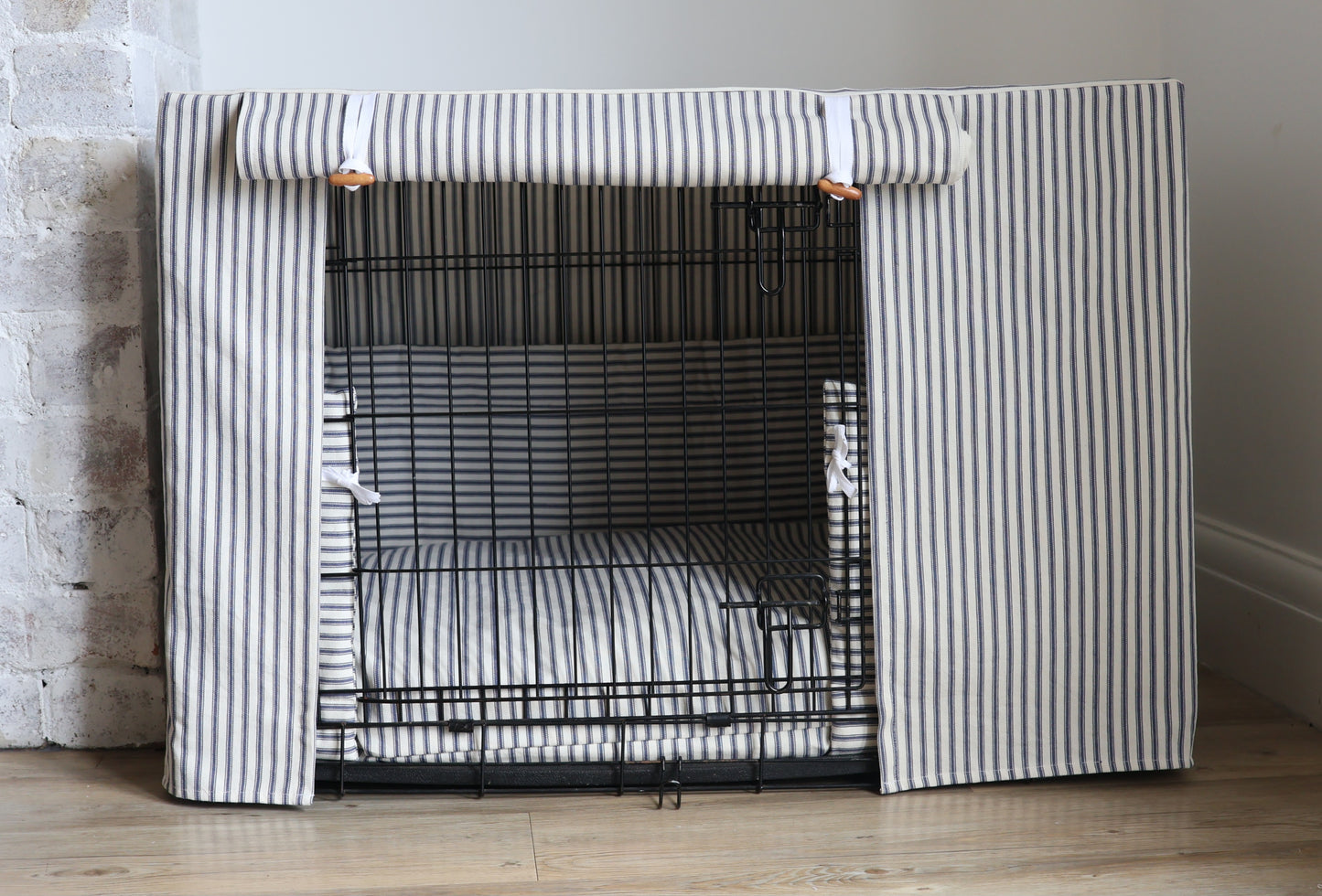 Dog crate set - Blue ticking stripe  - crate cover, bumper and bed