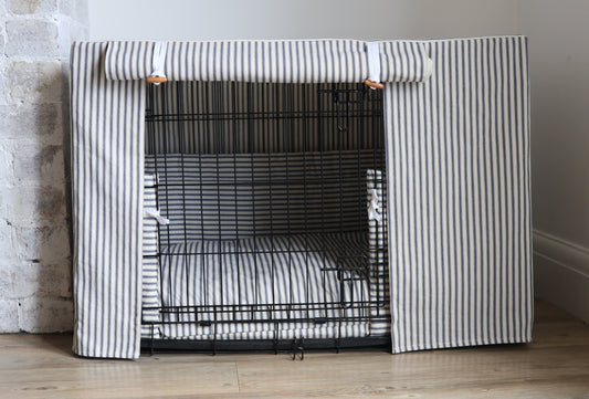 Dog crate set - Blue ticking stripe  - crate cover, bumper and bed