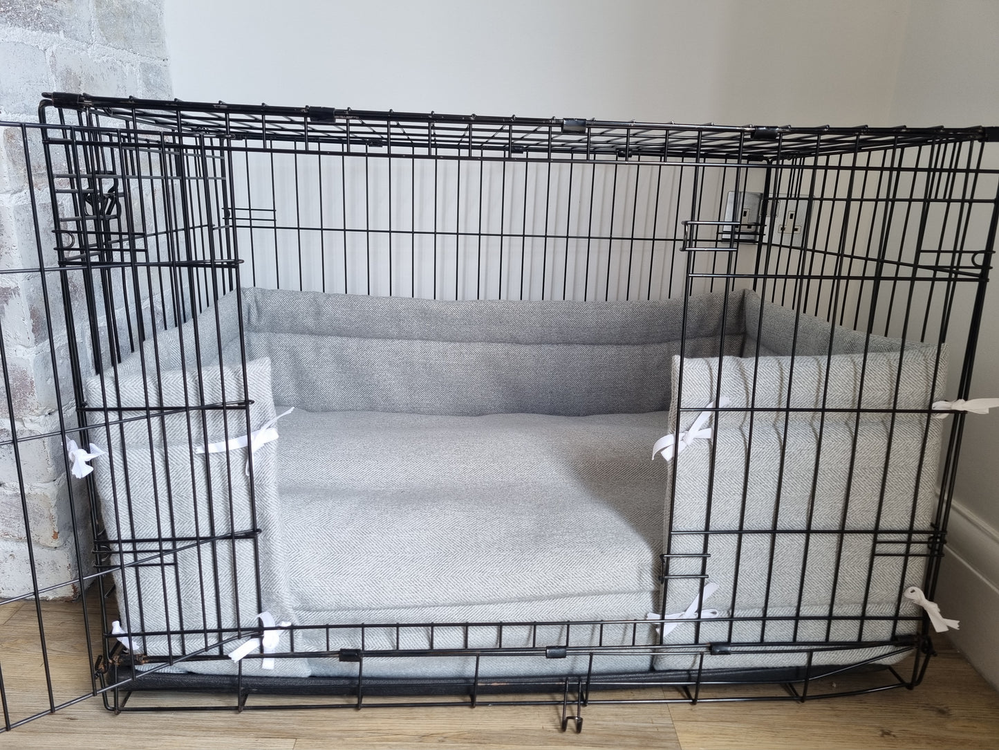 Dog crate bed and bumper set - Grey herringbone