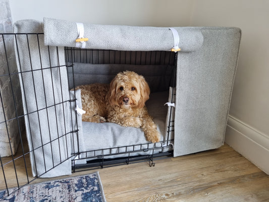 Dog crate set - Grey herringbone  - crate cover, bumper and bed